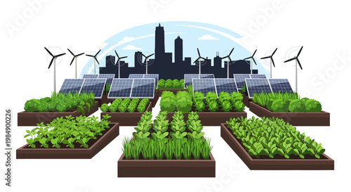 Sustainable urban farming with solar panels and wind turbines