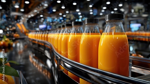 Close-up of glass bottles filled with orange juice on a conveyor belt. Automated production line in a modern beverage manufacturing factory. Industrial food processing facility