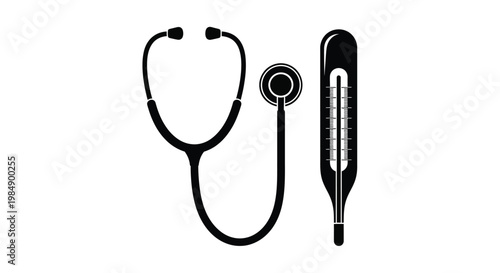 Medical tools including a stethoscope and thermometer on transparent background silhouette