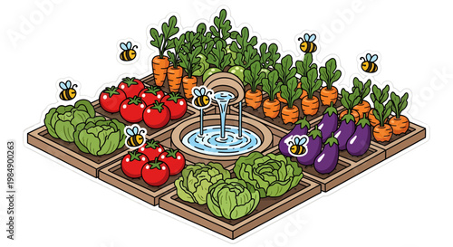 Vibrant garden with fountain and variety of vegetables and flowers