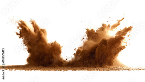 Dramatic Sand Explosion with Particles Scattering dust isolated on a transparent background