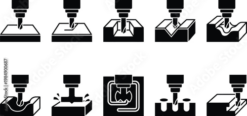 Verschiedene CNC-Bearbeitungsverfahren und Frästechniken in einer Reihe von Piktogrammen dargestellt.