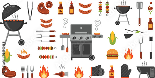Comprehensive Barbecue Grill Icon Set with Gas and Charcoal Grills Meat Skewers Sausages Sauces and Professional BBQ Utensils for Summer Cookout and Culinary Designs