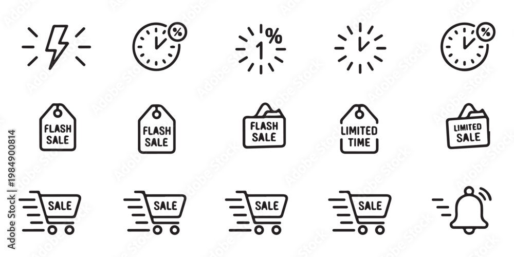 Fototapeta premium Flash sale and limited time offer icon set with shopping carts and timers