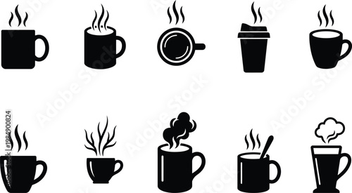 Zehn verschiedene schwarze Silhouetten von dampfenden Tassen, Bechern und Gläsern mit heißem Kaffee oder Tee.
