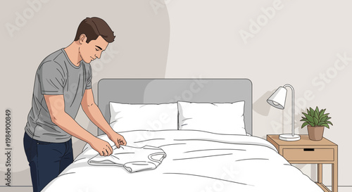 Man making bed, tidying white duvet and pillows in bedroom, morning routine