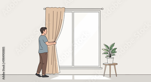 Man opening curtains in a bright room with a houseplant, natural light streaming in.