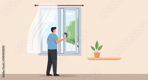 Man opening window for fresh air, smart home control, modern lifestyle, natural light