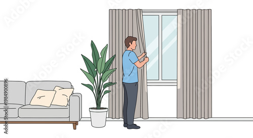 Man opening curtains in a bright living room with a sofa and plant