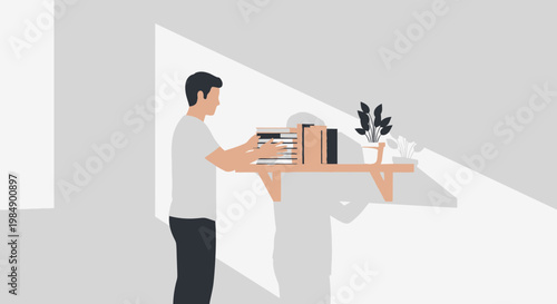 Man organizing books on a shelf, natural light casting shadows, minimalist interior