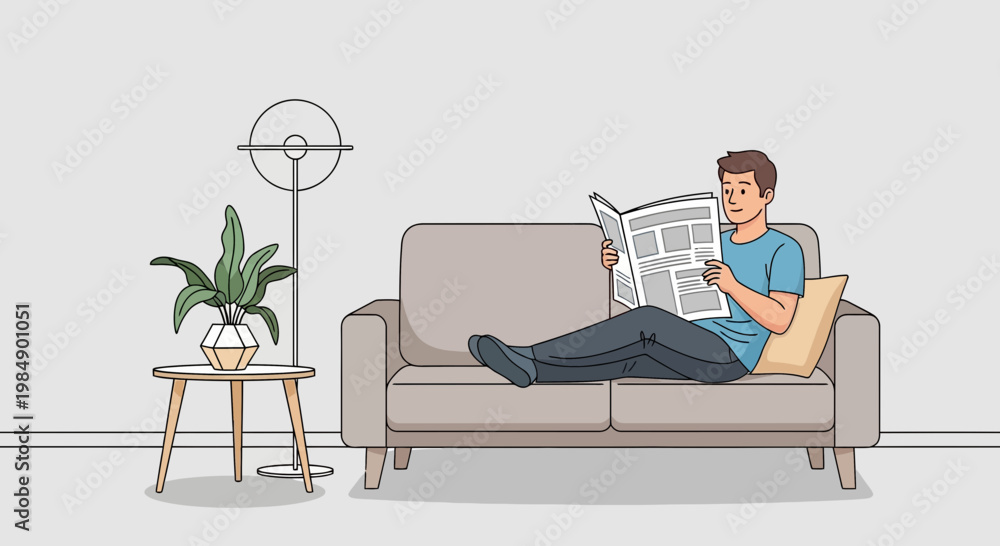 Fototapeta premium Man Relaxing on Sofa Reading Newspaper at Home