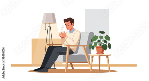Man Relaxing in Armchair with Hot Drink and Plant