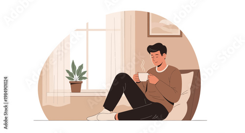 Man relaxing indoors, enjoying a warm drink by the window with a plant.