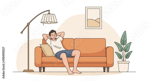Man Relaxing on Sofa in Living Room, Peaceful Home Leisure, Comfort and Calm