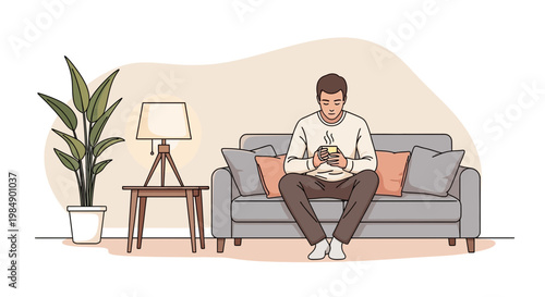 Man Relaxing on Sofa with Coffee and Phone in Cozy Living Room