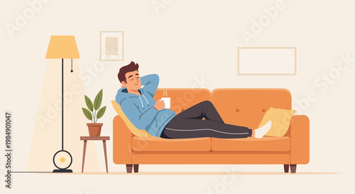 Man relaxing on sofa with coffee, enjoying leisure time at home