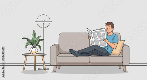 Man Relaxing on Sofa Reading Newspaper at Home