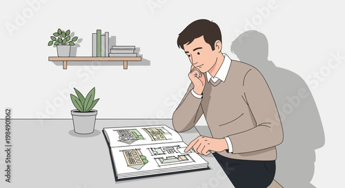 Man reviewing architectural plans and designs in a modern office setting