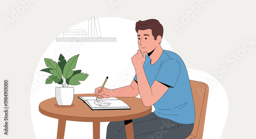 Man sitting at a table, drawing in a sketchbook, thinking and creating art