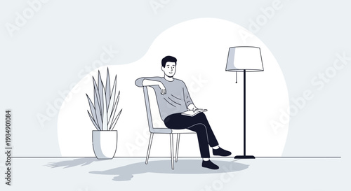 Man sitting in chair reading book near plant and lamp in minimalist room