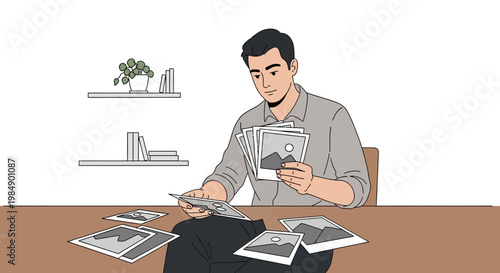 Man reviewing photos at desk, shelves with plants and books in background
