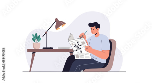 Man solving crossword puzzle at desk with lamp and plant, focused on hobby
