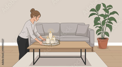 Woman arranging candles on a coffee table in a cozy living room