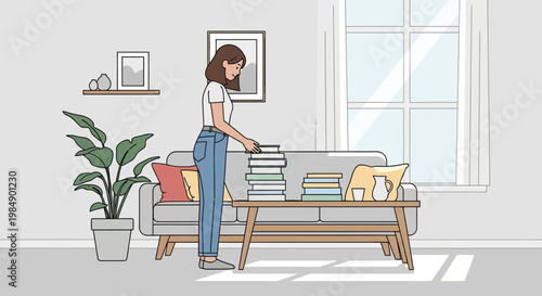 Woman arranging books on coffee table in cozy living room, natural light from window