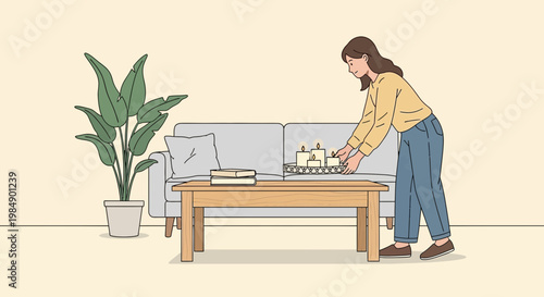 Woman arranging candles on coffee table in cozy living room with sofa and plant