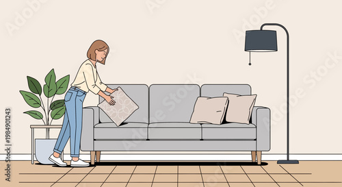 Woman arranging cushions on a modern grey sofa in a bright living room
