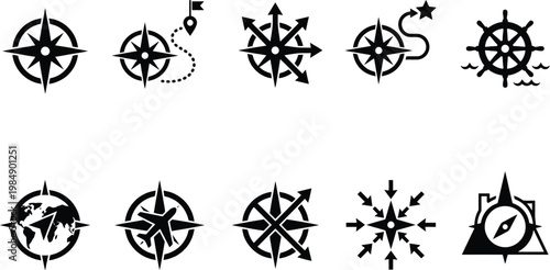 Sammlung von Kompassrosen und Navigationssymbolen für Reise und Orientierung.