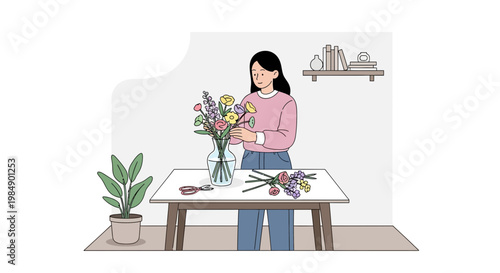 Woman arranging flowers in a vase at a table, home decor, hobby, lifestyle