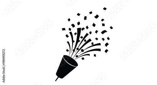 A black silhouette of a party popper exploding with confetti