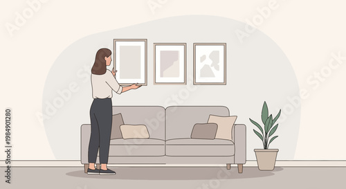 Woman arranging framed artwork on wall above sofa in modern living room