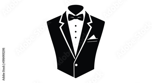 A black and white illustration of a man in a tuxedo with a bow tie