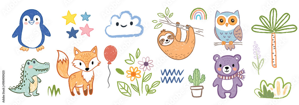Obraz premium a big collection of Kids drawing vector illustration vector children color pencil naive doodle set cute cartoon animals. Kindergarten funny wax crayon sketch giraffe crocodile shark rainbow fl