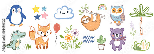 a big collection of Kids drawing  vector illustration  vector children color pencil naive doodle set  cute cartoon animals. Kindergarten funny wax crayon sketch  giraffe  crocodile  shark  rainbow  fl