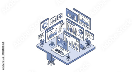 Isometric Data Analytics and Business Intelligence Dashboard Illustration with Workspace and Financial Charts
