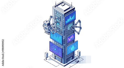 Futuristic Smart Building with Robotic Arms and Data Analysis Screens, Isometric Illustration of AI Automation and Big Data Management