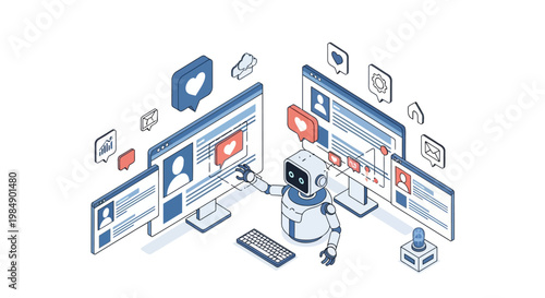 AI Robot Managing Social Media Marketing and Digital Engagement Isometric Illustration