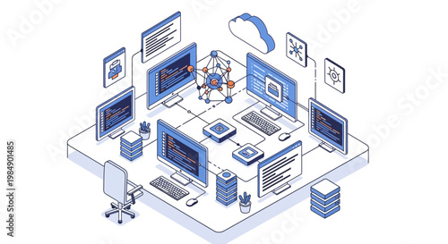 Isometric Software Development and Network Infrastructure Illustration with AI Neural Network, Cloud Computing, and Big Data Servers