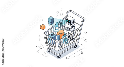 Isometric Illustration of an AI Robot Sitting in a Shopping Cart Scanning Products, Representing Smart Retail, E-commerce Automation, and Robotic Grocery Shopping