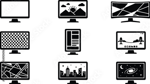 Schwarz-weiße Icons von Computermonitoren mit verschiedenen Bildschirminhalten wie Landschaften, Stadtansichten, abstrakten Mustern und einem leeren Bildschirm.
