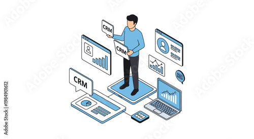 Isometric Illustration of a Professional Managing CRM Software with Data Dashboards and Analytics Charts