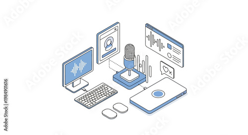 Professional Audio Broadcasting and Podcast Studio Equipment Isometric Line Art Illustration