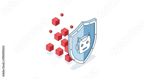 Isometric AI Security Concept with Robot Shield Defending Against Cyber Threats and Data Attacks