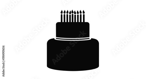 A simple black silhouette of a two tiered birthday cake with candles