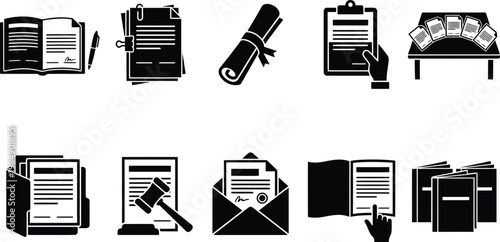 Sammlung von Schwarz-Weiß-Symbolen für Dokumente, Recht, Verwaltung und Büroarbeit, einschließlich Akten, Urkunden und juristischen Prozessen.