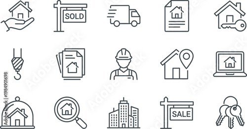 Real Estate Line Icon Set with Property Sale, Home Location, Construction, Documents, Delivery, Security, and Housing Symbols for Web and App Design