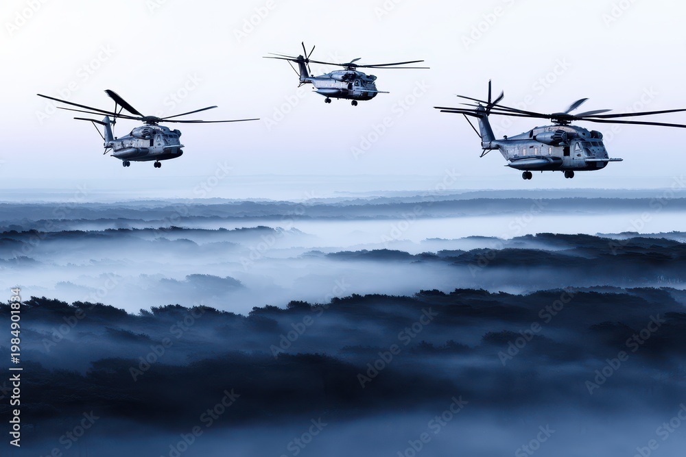 Fototapeta premium Three heavy-lift helicopters fly in formation over a misty, forested landscape at dawn.